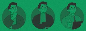 Arte com filtro verde mostra três personagens, cada um representando um perfil de comprador de energia