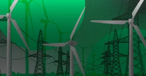 vários moinhos e torres com um filtro verde aplicado