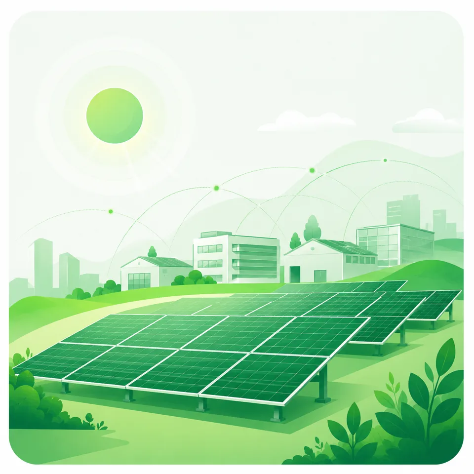 Ilustração de usina solar conectada a empresas