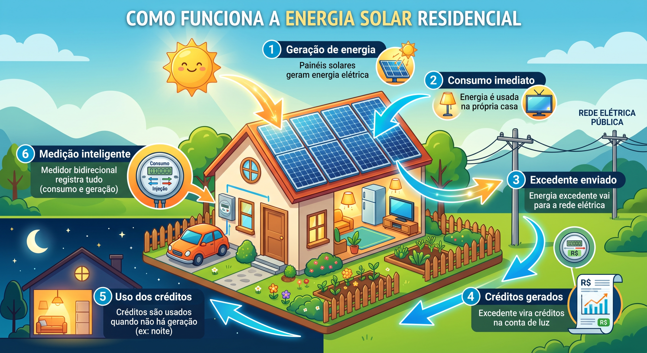 Infográfico mostrando o ciclo da energia solar residencial. No centro, uma casa com painéis solares. Em volta, 6 passos explicam o processo: 1. Geração de energia pelos painéis; 2. Consumo imediato na casa; 3. Envio da energia excedente para a rede elétrica; 4. Transformação do excedente em créditos na conta de luz; 5. Uso desses créditos à noite ou quando não há sol; 6. Medição de todo o processo por um relógio bidirecional.