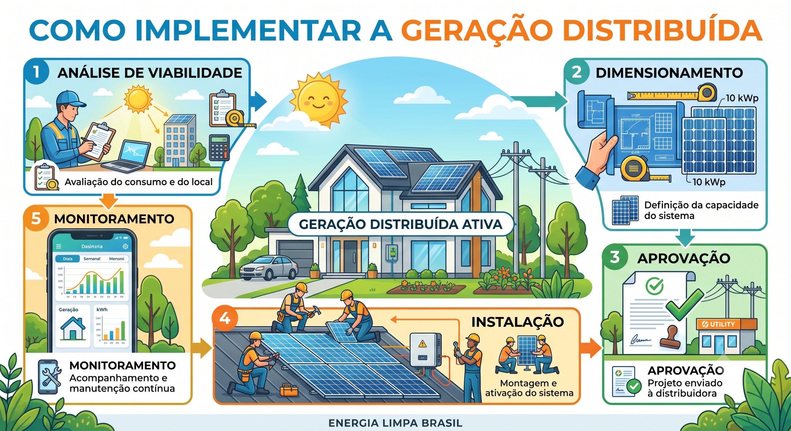 Infográfico "Como implementar a geração distribuída". No centro, uma casa com painéis solares. Ao redor, 5 passos ilustrados: 1. Análise de viabilidade (técnico avaliando local e consumo); 2. Dimensionamento (projeto e capacidade de 10 kWp); 3. Aprovação (documento aprovado pela distribuidora); 4. Instalação (trabalhadores montando o sistema no telhado); 5. Monitoramento (celular mostrando gráficos de geração de energia). Rodapé: Energia Limpa Brasil.