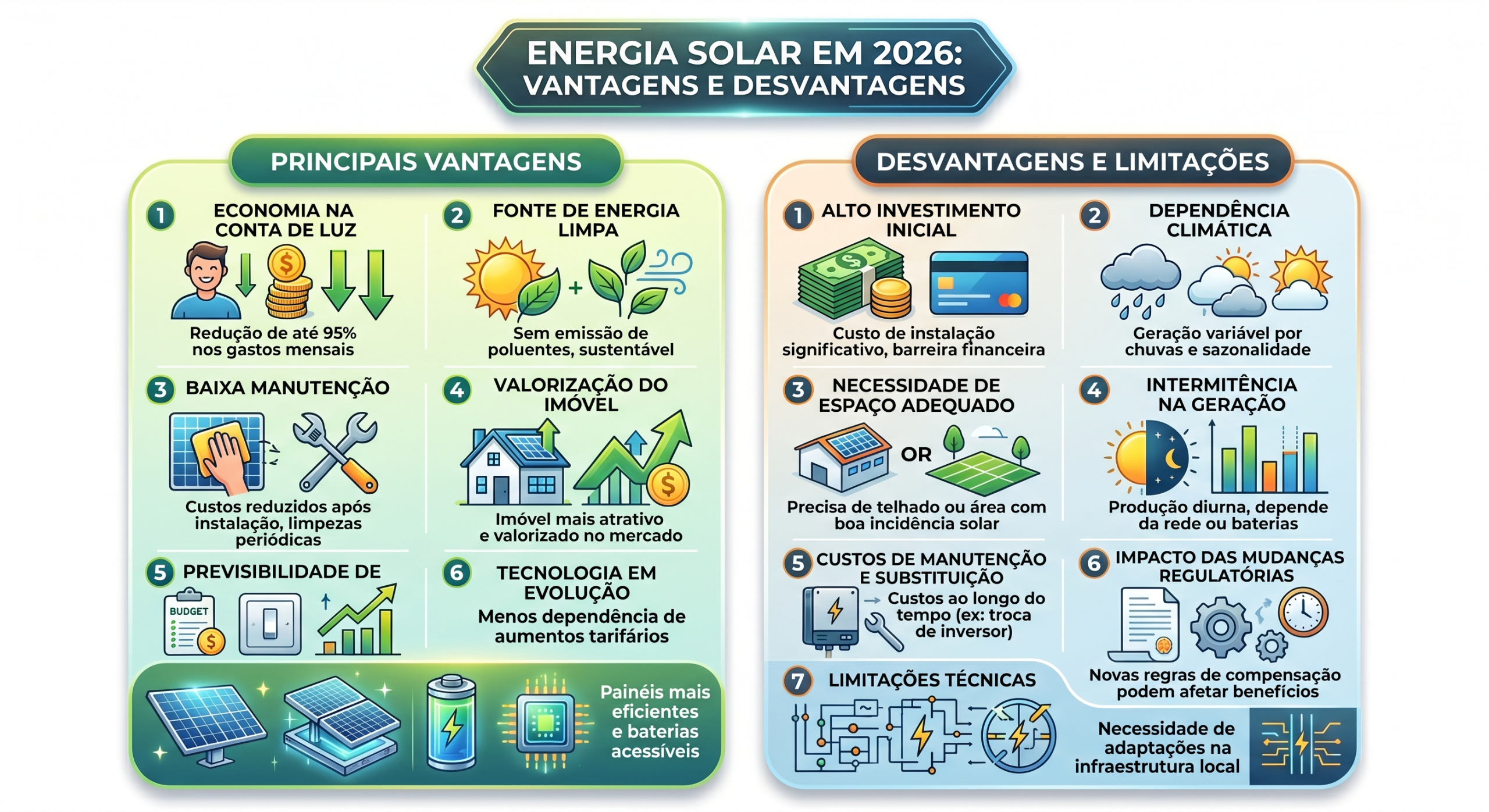 Infográfico intitulado "Energia Solar em 2026: Vantagens e Desvantagens", à direita, "Desvantagens e Limitações":