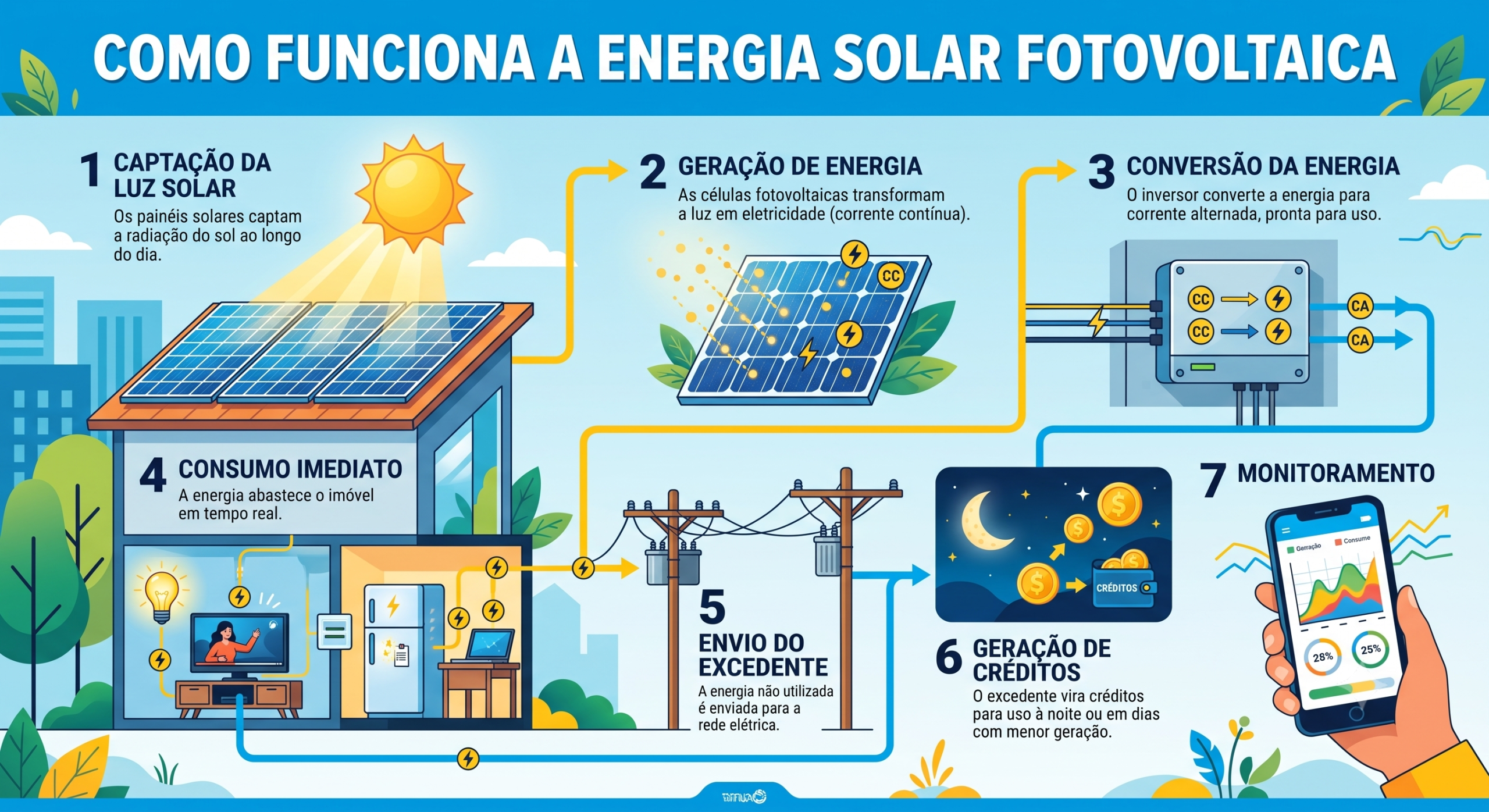 Infográfico explicando como funciona a energia solar fotovoltaica passo a passo, desde a captação da luz pelos painéis até a geração de créditos de energia na rede elétrica