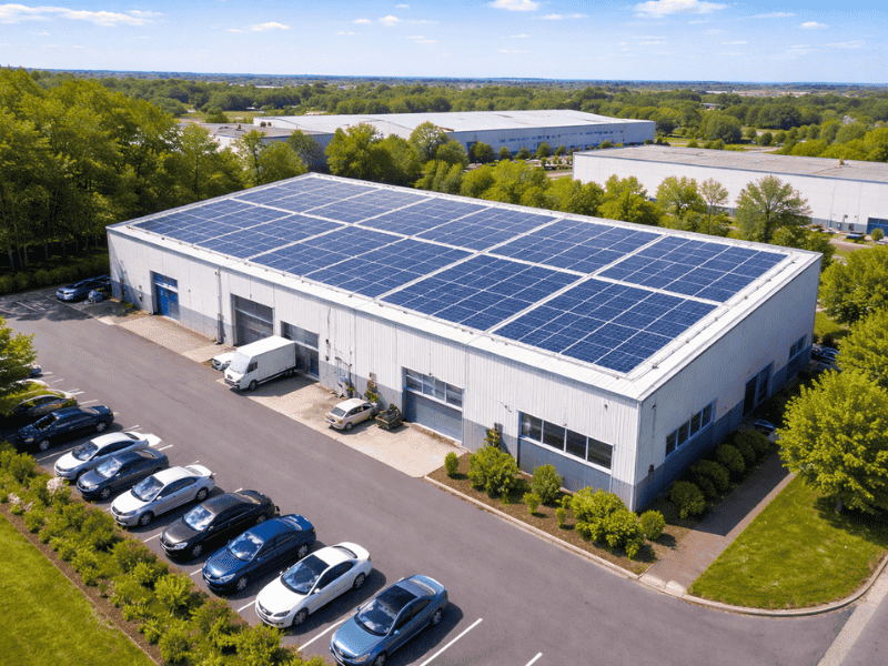 Pequena indústria com sistema de energia solar fotovoltaica instalado no telhado, vista aérea com estacionamento e entorno urbano, representando geração de energia solar para empresas