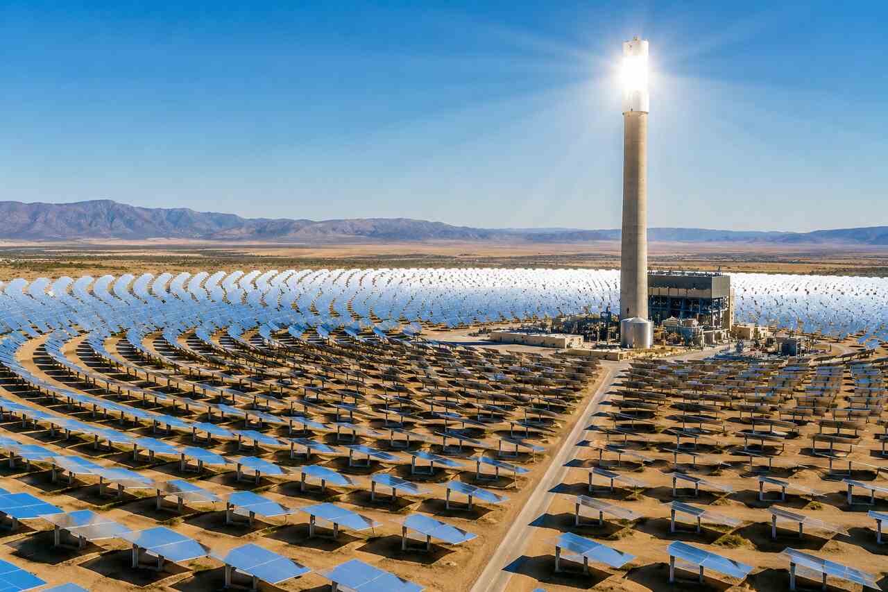 Usina de energia heliotérmica com espelhos concentradores solares e torre de geração elétrica em região desértica.