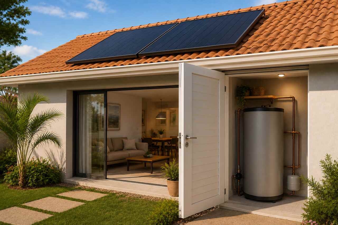  Sistema de energia solar térmica residencial com coletores solares no telhado e boiler interno para aquecimento de água.