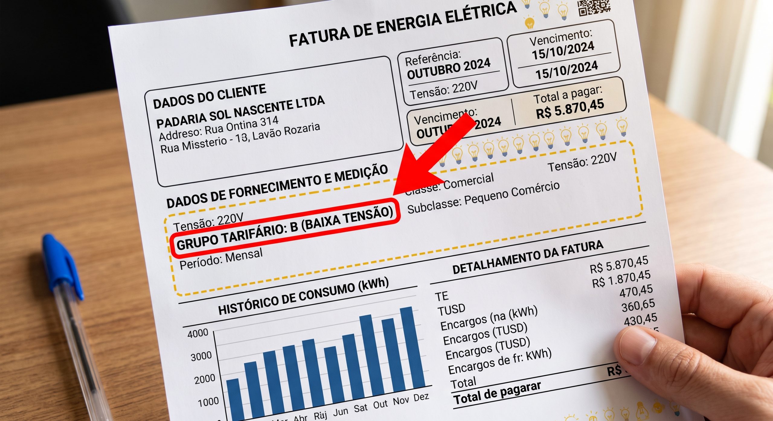 Exemplo de conta de luz com destaque em vermelho indicando onde encontrar o Grupo Tarifário B (Baixa Tensão) na seção de dados de fornecimento. Informação essencial para a migração ao Mercado Livre de Energia